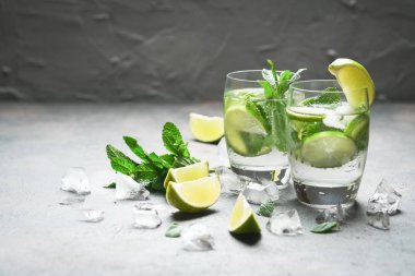 Naneli, romlu ve limonlu mojito kokteyli, soğuk içecek veya buzlu buzlu içecek..