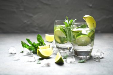 Naneli, romlu ve limonlu mojito kokteyli, soğuk içecek veya buzlu buzlu içecek..