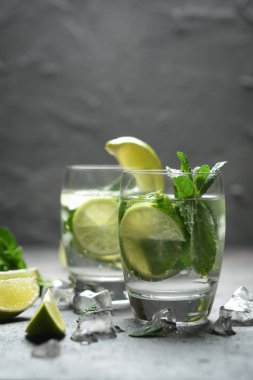 Naneli, romlu ve limonlu mojito kokteyli, soğuk içecek veya buzlu buzlu içecek..