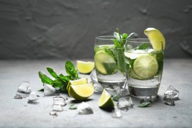 Naneli, romlu ve limonlu mojito kokteyli, soğuk içecek veya buzlu buzlu içecek..