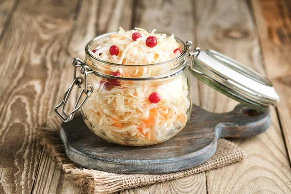 Homemade Sauerkraut Spices Glass Jar Rustic Background Fermented Product — 스톡 사진