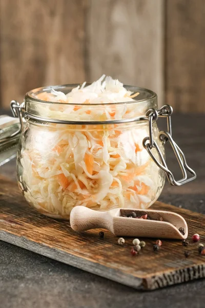 Homemade Sauerkraut Spices Glass Jar Rustic Background Fermented Product — 스톡 사진