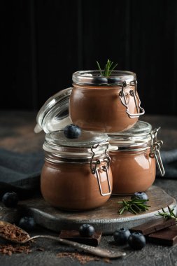 Cam kavanozda çikolatalı mus ve arka planda böğürtlen. Ev yapımı tatlı..