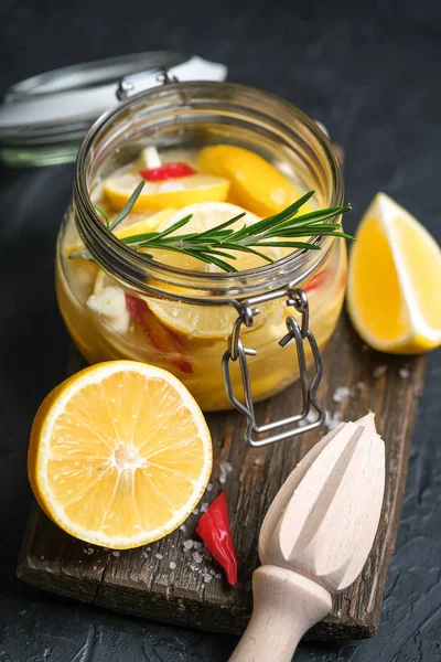 Salted Lemons Glass Jar Ingredients Dark Background Moroccan Cuisine — 스톡 사진