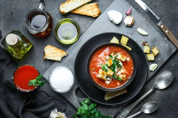 Soupe Traditionnelle Espagnole Tomate Froide Gazpacho Dans Bol Sur Fond — Photo