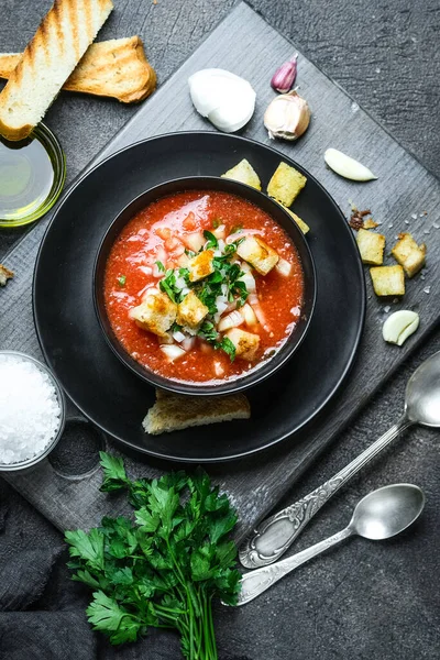 Soupe Traditionnelle Espagnole Tomate Froide Gazpacho Dans Bol Sur Fond — Photo