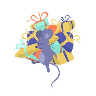 Yeni yıl partisi için beyaz arkaplanda bir sürü kutu hediyeli bir fare resmi. Ay burcu işareti faresi.