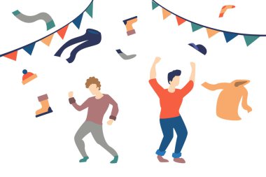 İnsanlar eski kıyafetlerini değiş tokuş ediyorlar. Kıyafet bağışı konsepti vektör illüstrasyonu. Rgb vektör değiştirme partisi.