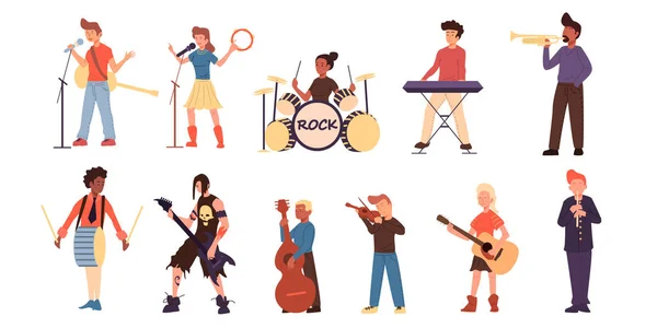 Rajzfilm tinédzser különböző zenészek készlet. Fehér alapon elszigetelve. — Stock Vector