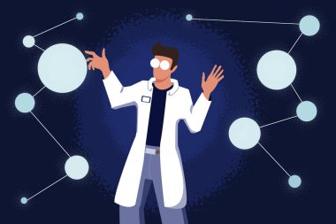 Laboratuvar önlüklü erkek bilim adamı sinirsel ağa bağlı yapay nöronları kontrol ediyor..