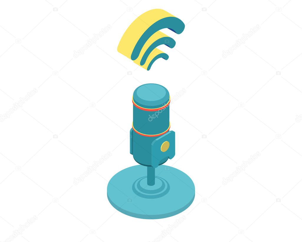 Isometric vector illustration for podcasting, broadcasting, straeming or online radio. Equipment for entertaiment, recording the podcasts and streaming games and etc.