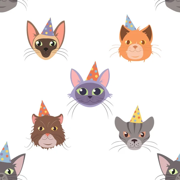 Wektor Kot głowa dla kotów urodziny uroczystości kartka okolicznościowa lub banery zaproszenie bezproblemowy wzór. — Wektor stockowy