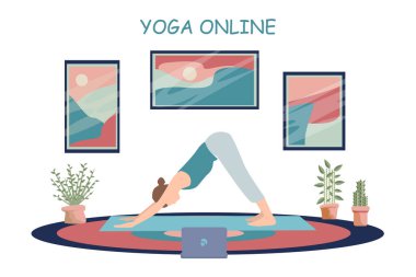 İnternetteki yoga servisi. Evde kal ve vücudun ve ruhun için egzersiz yap. Covid 2020 motivasyonu.