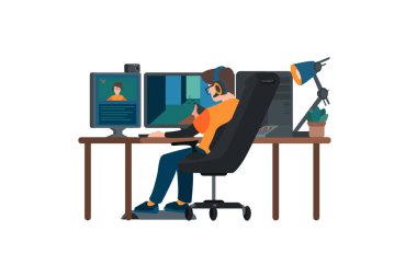 Siber sporcu profesyonel oyuncu canlı yayın maçı profesyonel stüdyoda bilgisayar masası kurulumu, oyun koltuğu, mikrofon, spot ışıkları web kamerası ile oturuyor. Siber spor flaması. Düz vektör iç illüstrasyon