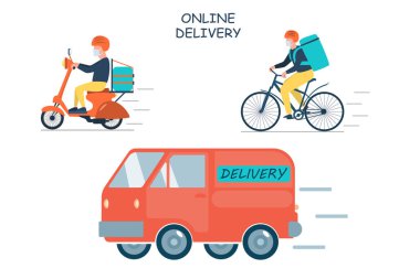 Eve teslim için poster konsepti. Restoran ya da süpermarket karantinada yiyecek dağıtıyor. Her zaman evde oturup çevrimiçi yemek sipariş etmek. Maskeli bir adam scooter ve bisikletle yemek getiriyor.