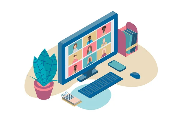 Illustratie isometrische ontwerp concept videoconferentie. online vergadering werkformulier thuis. Vectorillustratie. — Stockvector