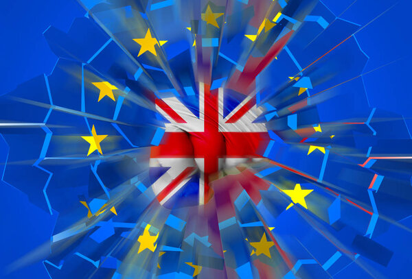 3D иллюстрация разбивающегося флага ЕС, пробитого британским кулаком - выборы в Великобритании и концепция Брексита
