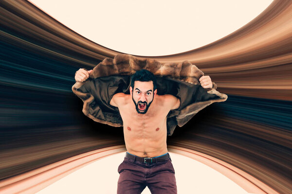 man in fur blows crazy with joy screaming with a surprised expression - jumping for happiness and craziness