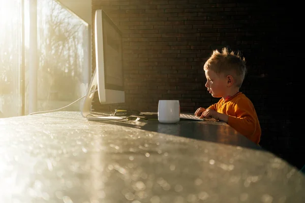 Copil Mic Vârstă Grădiniță Folosind Computerul Desktop Acasă Pentru Petrecere — Fotografie, imagine de stoc