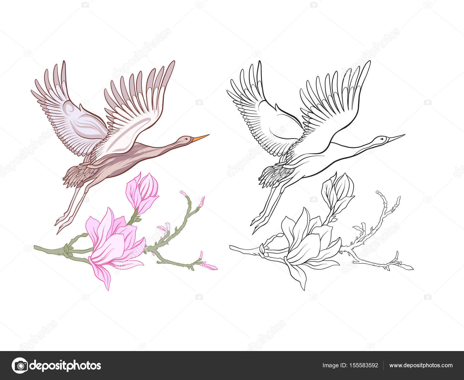 Fiori e gru Insieme di campione colorato e disegno di assieme — Vettoriale Stock