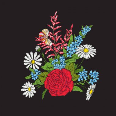 Nakış. Buket gül ve papatyalar.