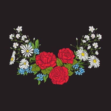 Nakış. Buket gül ve papatyalar.