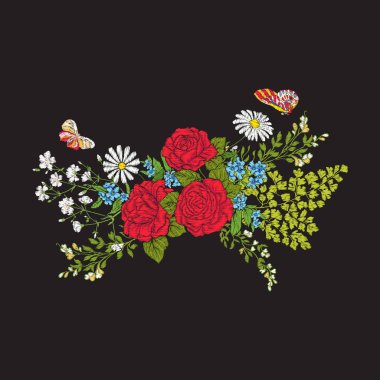 Nakış. Buket gül ve papatyalar.