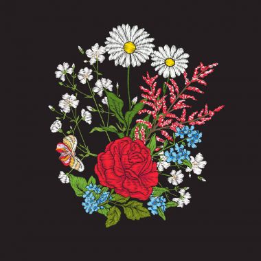 Nakış. Buket gül ve papatyalar.