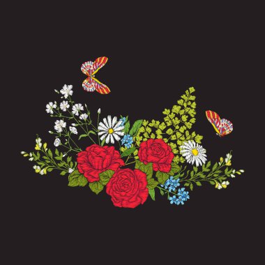 Nakış. Buket gül ve papatyalar.