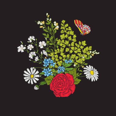 Nakış. Buket gül ve papatyalar.