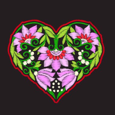 Embroidery with patterned love heart on black background clipart