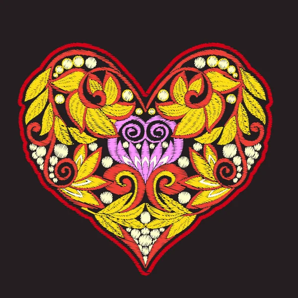 Bordado con corazón de amor estampado sobre fondo negro — Vector de stock