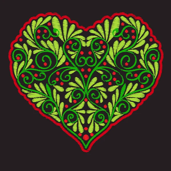 Bordado con corazón de amor estampado sobre fondo negro — Vector de stock