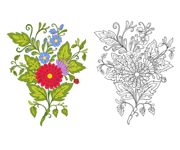 Conjunto de esquema y flores vintage de color ramo o patrón . — Vector de stock