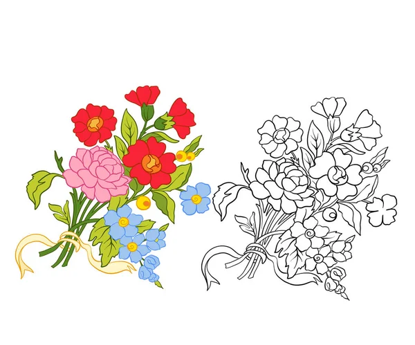 Satz von Umrissen und farbigen Vintage-Blumen Strauß oder Muster. — Stockvektor