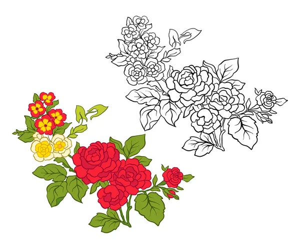 Set of outline and colored vintage flowers bouquet or pattern. — Stock Vector