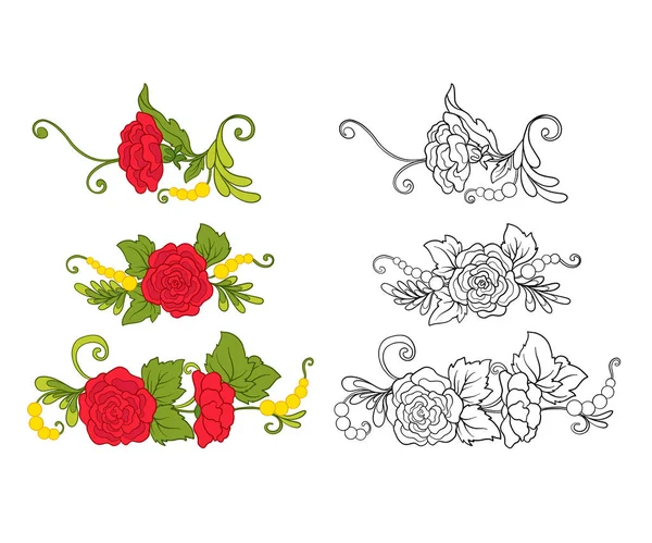 组的大纲和彩色复古鲜花花束或模式. — 图库矢量图片