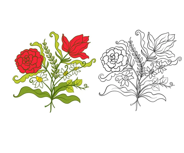Σύνολο διάρθρωσης και χρωματιστά Ρετρό λουλούδια μπουκέτο ή μοτίβο. — Διανυσματικό Αρχείο