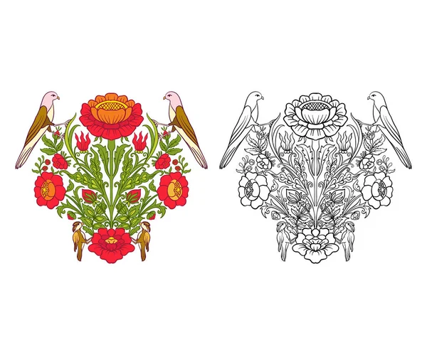 Uppsättning av disposition och färgade vintage blommor bukett eller mönster. — Stock vektor