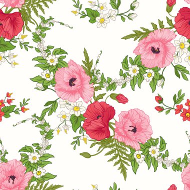 Haşhaş çiçekleri, nergis, anemon, violet ile Seamless Modeli