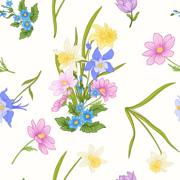 Motif sans couture avec fleurs de pavot, jonquilles, anémones, violet — Image vectorielle