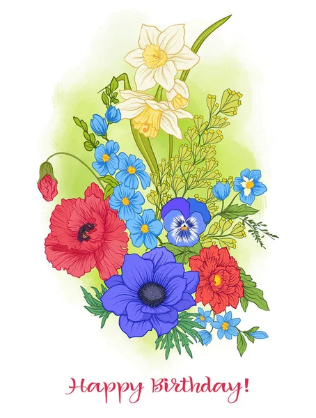 Состав с летними цветами: мак, нарцисс, анемон, виола — стоковый вектор
