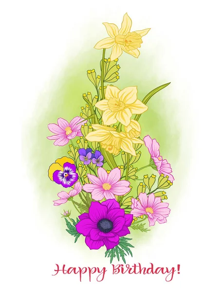 Komposition mit Sommerblumen: Mohn, Narzisse, Anemone, Viole — Stockvektor