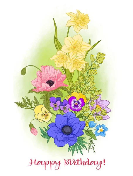 Состав с летними цветами: мак, нарцисс, анемон, виола — стоковый вектор