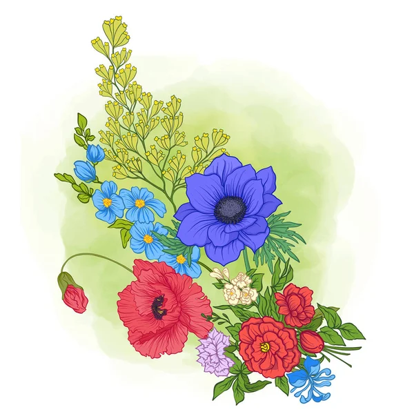Kompozycja z kwiatów letnich: MAK, żonkil, Zawilec, viole — Wektor stockowy
