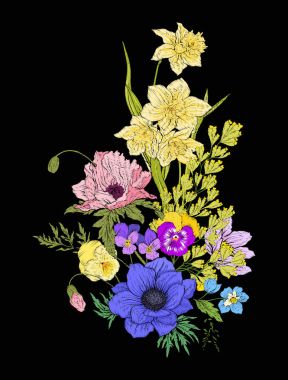 Nakış vintage çiçekler buket poppy, nergis, anemon,