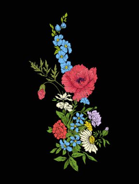 Nakış vintage çiçekler buket poppy, nergis, anemon,