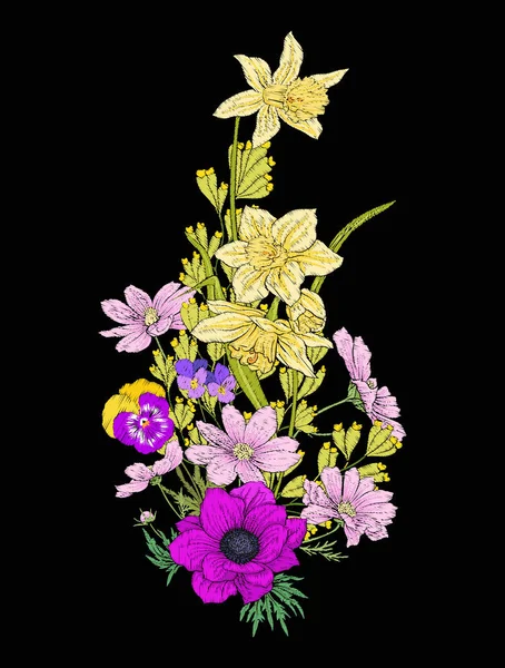 Stickerei Blumenstrauß aus Mohn, Narzisse, Anemone, — Stockvektor