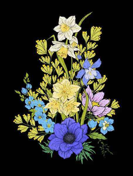 Vyšívací vintage květiny kytice z máku, Narcis, Sasanka, — Stockový vektor