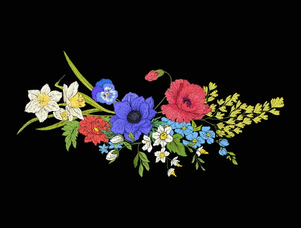 Stickerei Blumenstrauß aus Mohn, Narzisse, Anemone, — Stockvektor